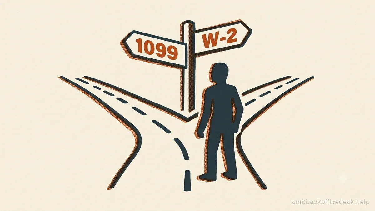 Two-colour risograph illustration for “1099 Contractor vs W-2 Employee: A Small Business Decision Guide” — Small Business Back-Office Desk