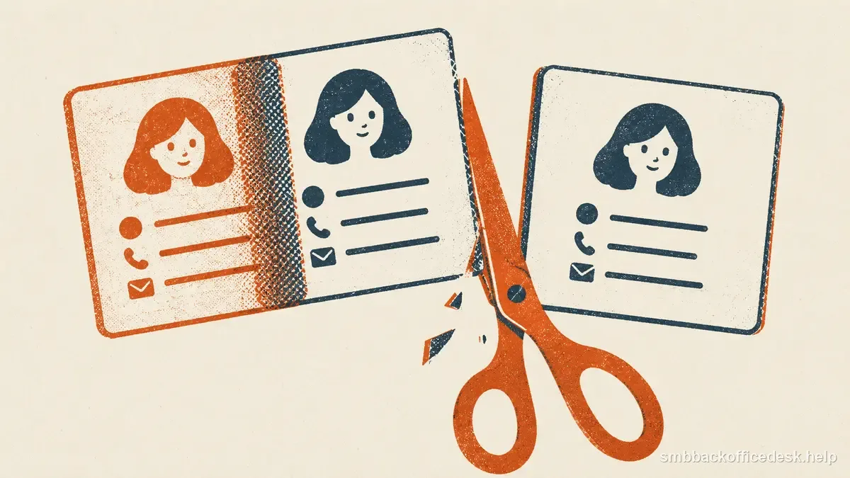 Two-colour risograph illustration for “Deduplicate a B2B Lead List Before Outreach” — Small Business Back-Office Desk