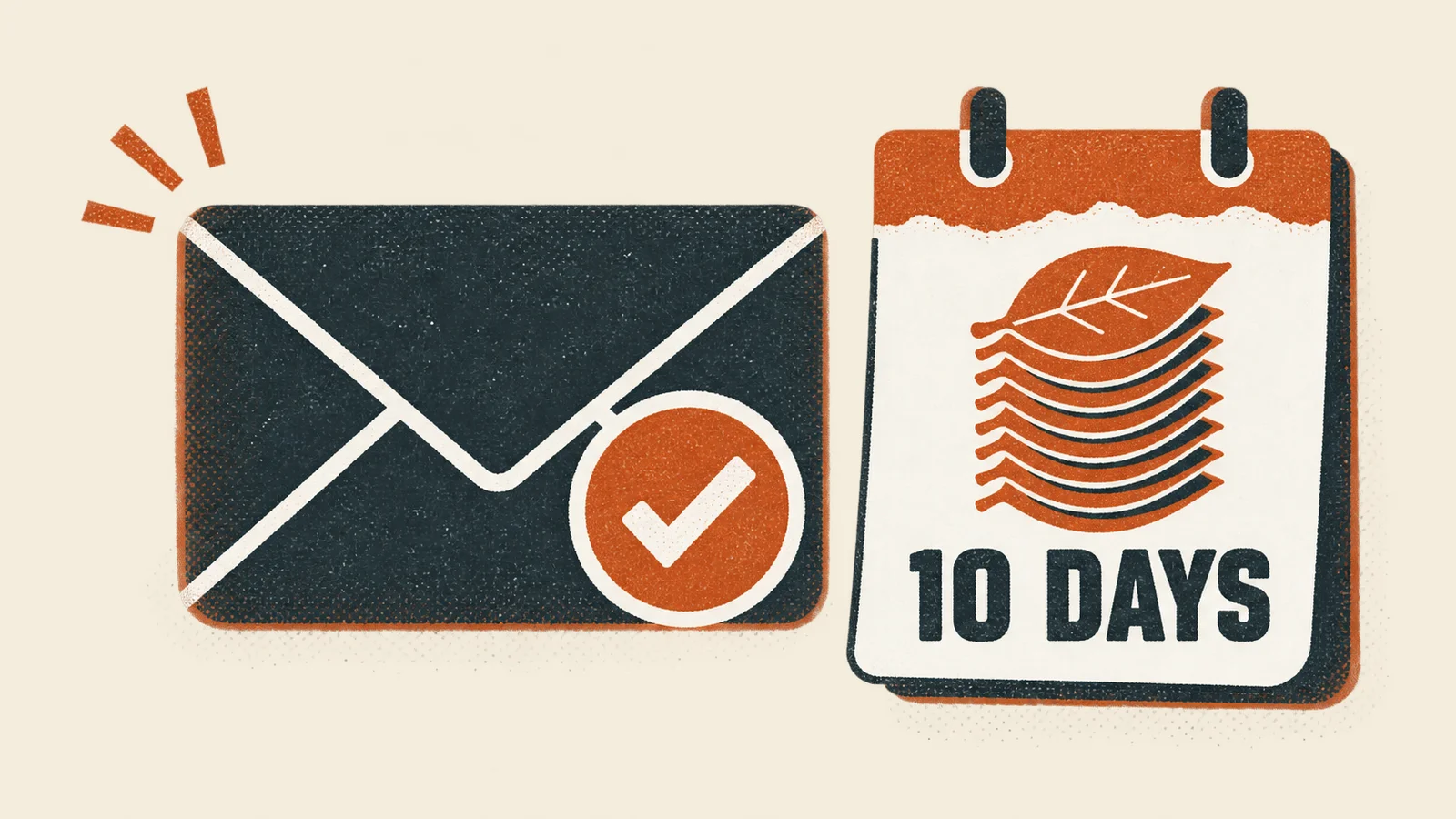 Two-colour risograph illustration for “CAN-SPAM Opt-Outs: The 10-Business-Day Rule and What Else Applies” — Small Business Back-Office Desk