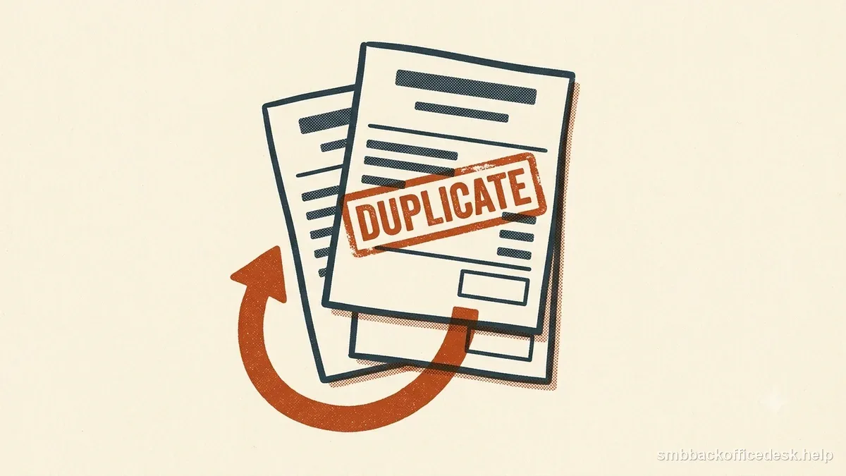 Two-colour risograph illustration for “Responding to a Duplicate Charge Chargeback” — Small Business Back-Office Desk