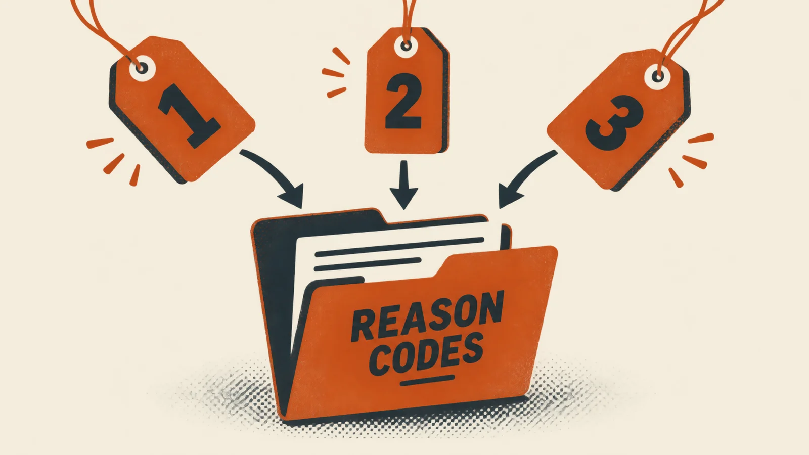 Two-colour risograph illustration for “Chargeback Reason Codes: How Visa, Mastercard, and Amex Number Them” — Small Business Back-Office Desk