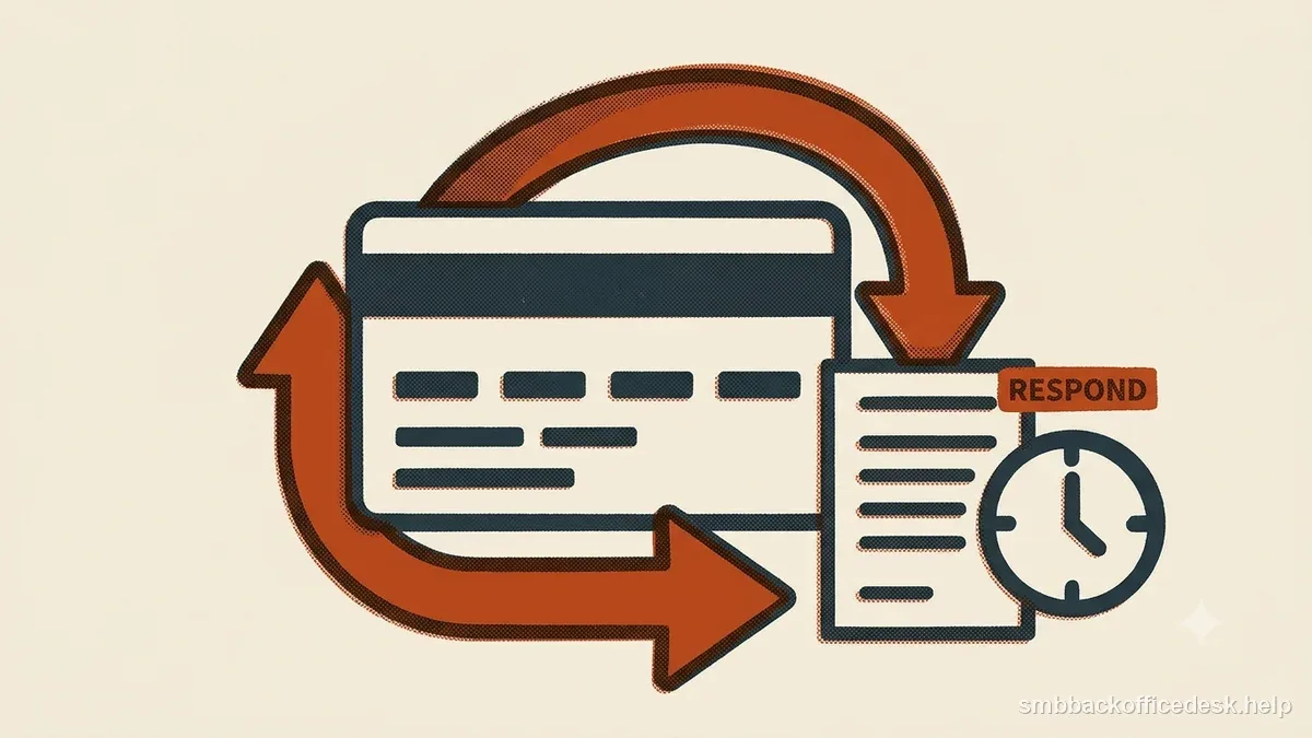 Two-colour risograph illustration for “How to Respond to a Chargeback: Small Business Workflow” — Small Business Back-Office Desk