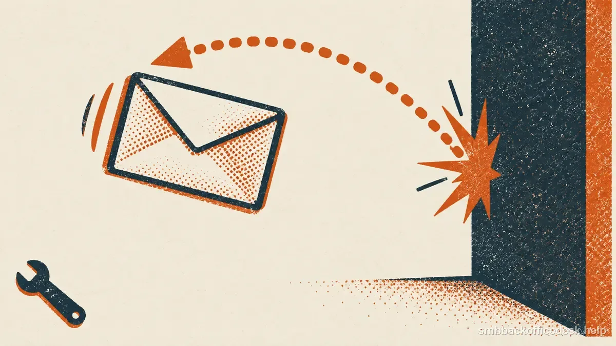 Two-colour risograph illustration for “Cold Email Bounce Troubleshooting for Small Businesses” — Small Business Back-Office Desk