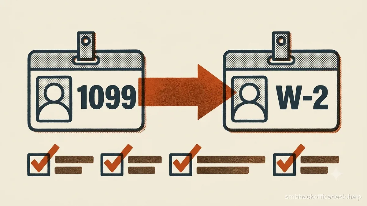 Two-colour risograph illustration for “How to Convert a 1099 Contractor to W-2 Employment” — Small Business Back-Office Desk