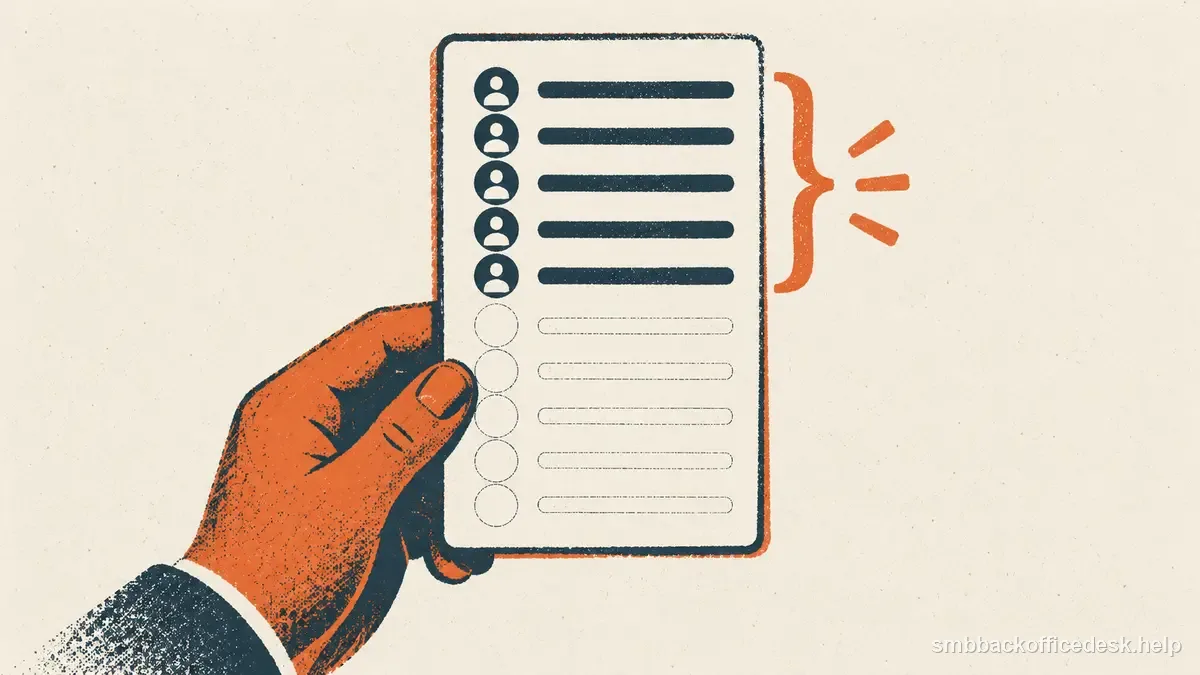Two-colour risograph illustration for “The Minimum CRM Fields a Small Business Actually Needs” — Small Business Back-Office Desk