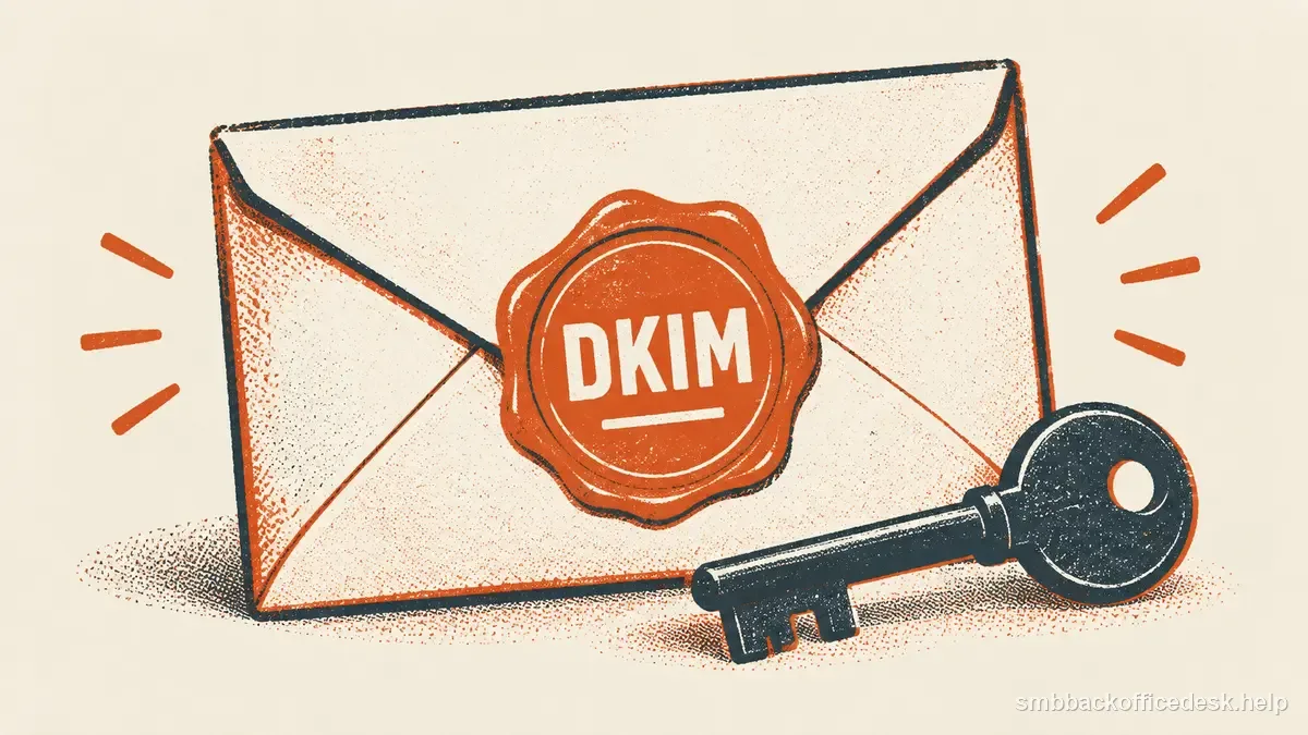 Two-colour risograph illustration for “DKIM Setup for Small Business Senders” — Small Business Back-Office Desk