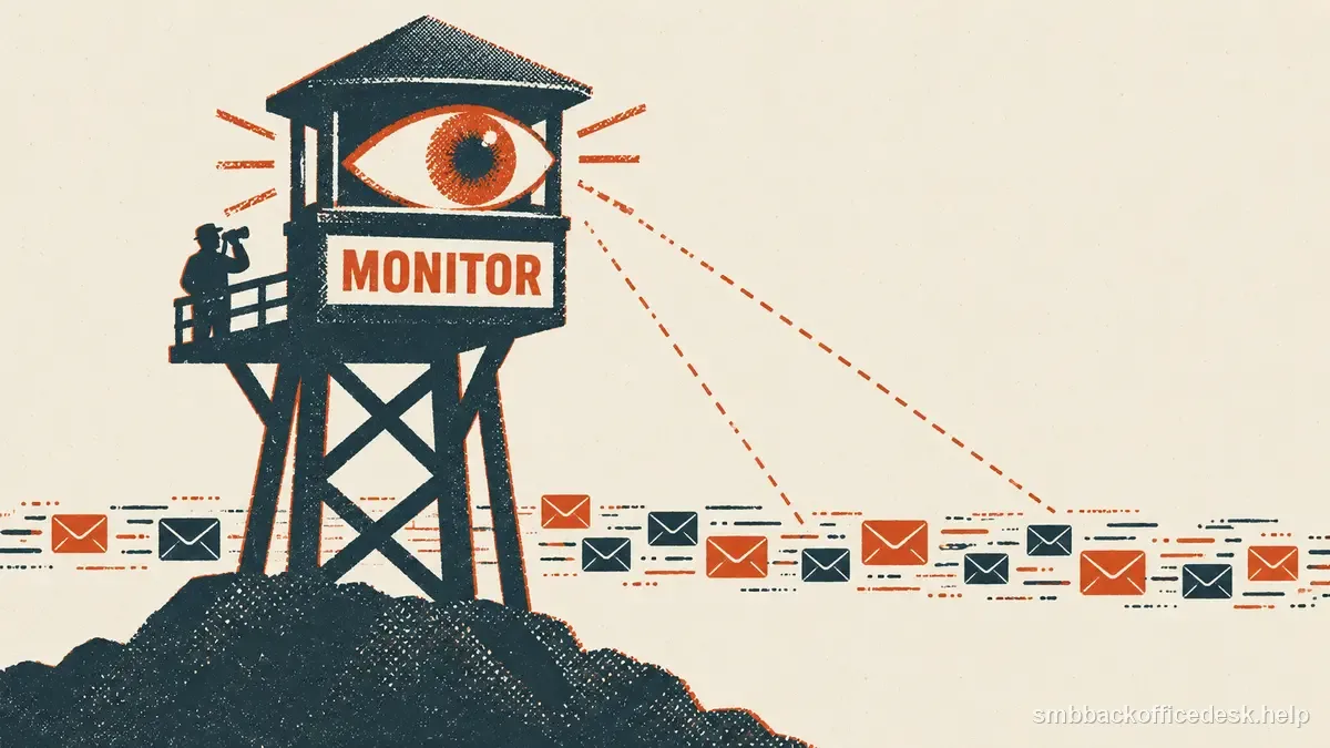 Two-colour risograph illustration for “DMARC for a Small Business: Start With Visibility” — Small Business Back-Office Desk