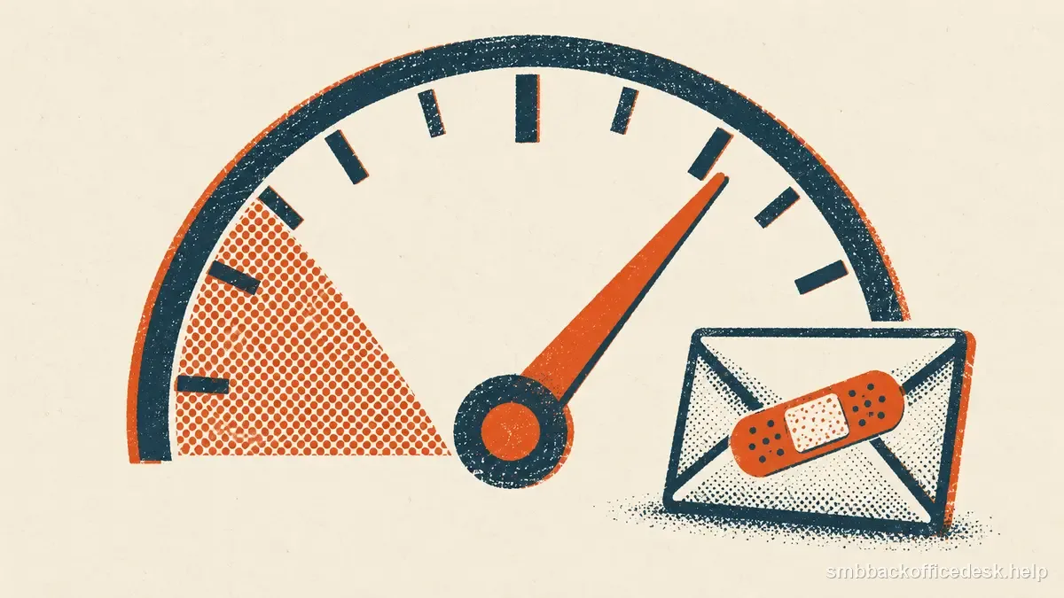 Two-colour risograph illustration for “How to Recover a Damaged Sending Domain Reputation” — Small Business Back-Office Desk