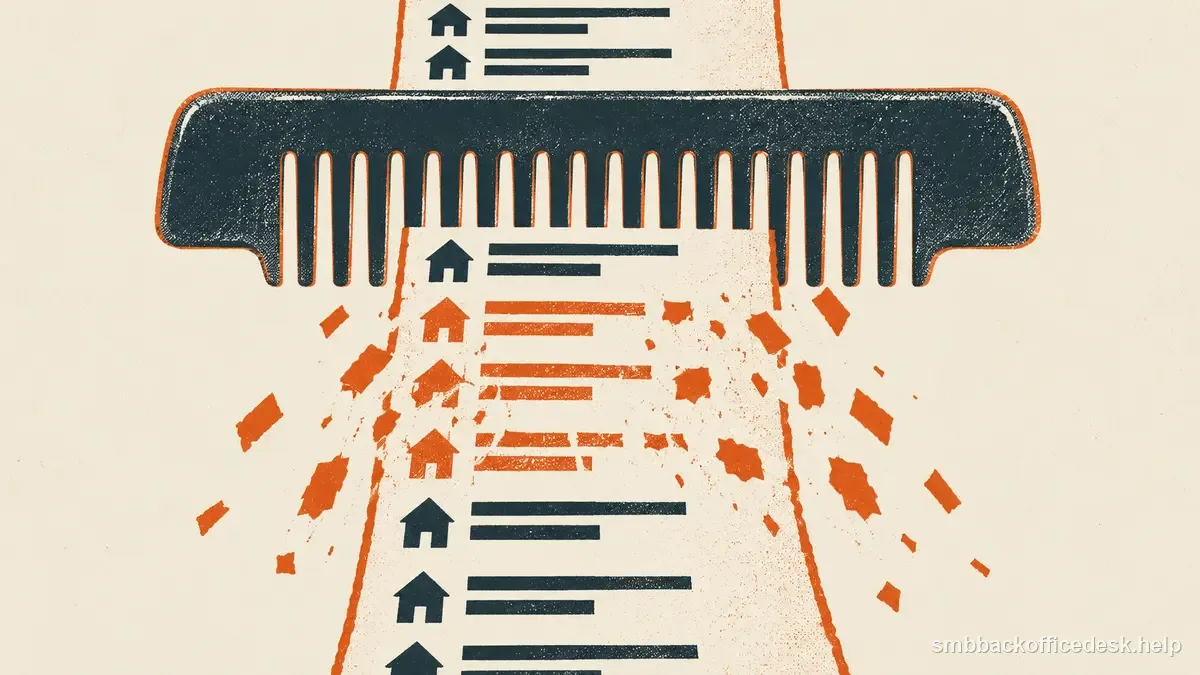 Two-colour risograph illustration for “Email List Hygiene for Better Deliverability” — Small Business Back-Office Desk