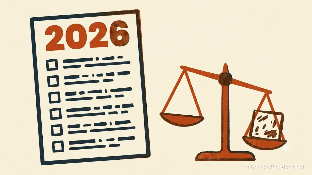 Two-colour risograph illustration for “FLSA Independent Contractor Analysis in 2026: What Small Businesses Should Check” — Small Business Back-Office Desk