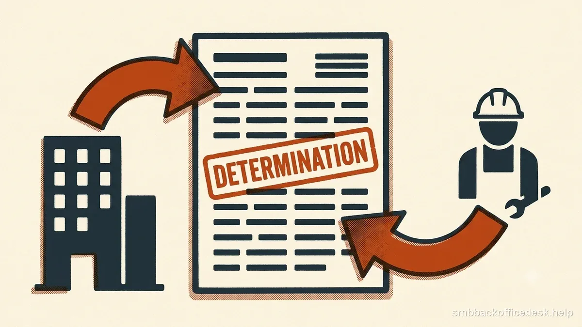 Two-colour risograph illustration for “Form SS-8: When a Business or Worker Wants an IRS Determination” — Small Business Back-Office Desk