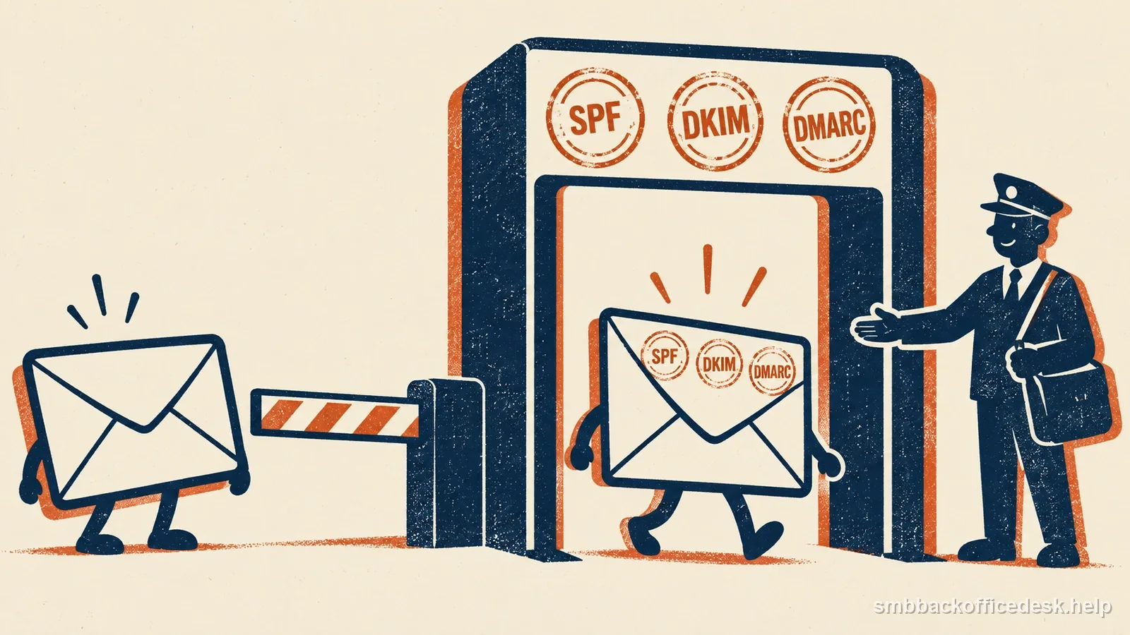Two-colour risograph illustration of an envelope stamped SPF, DKIM, DMARC passing through a security gate — Small Business Back-Office Desk