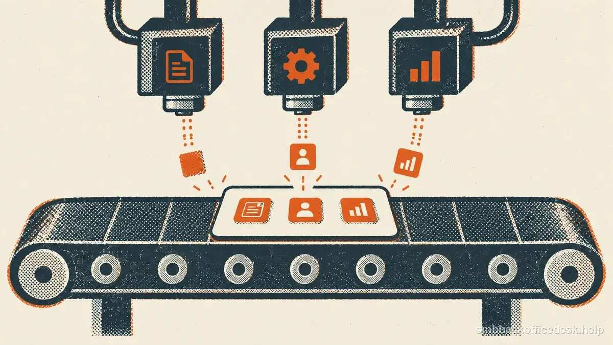 Two-colour risograph illustration for “A Practical Lead Enrichment Workflow” — Small Business Back-Office Desk