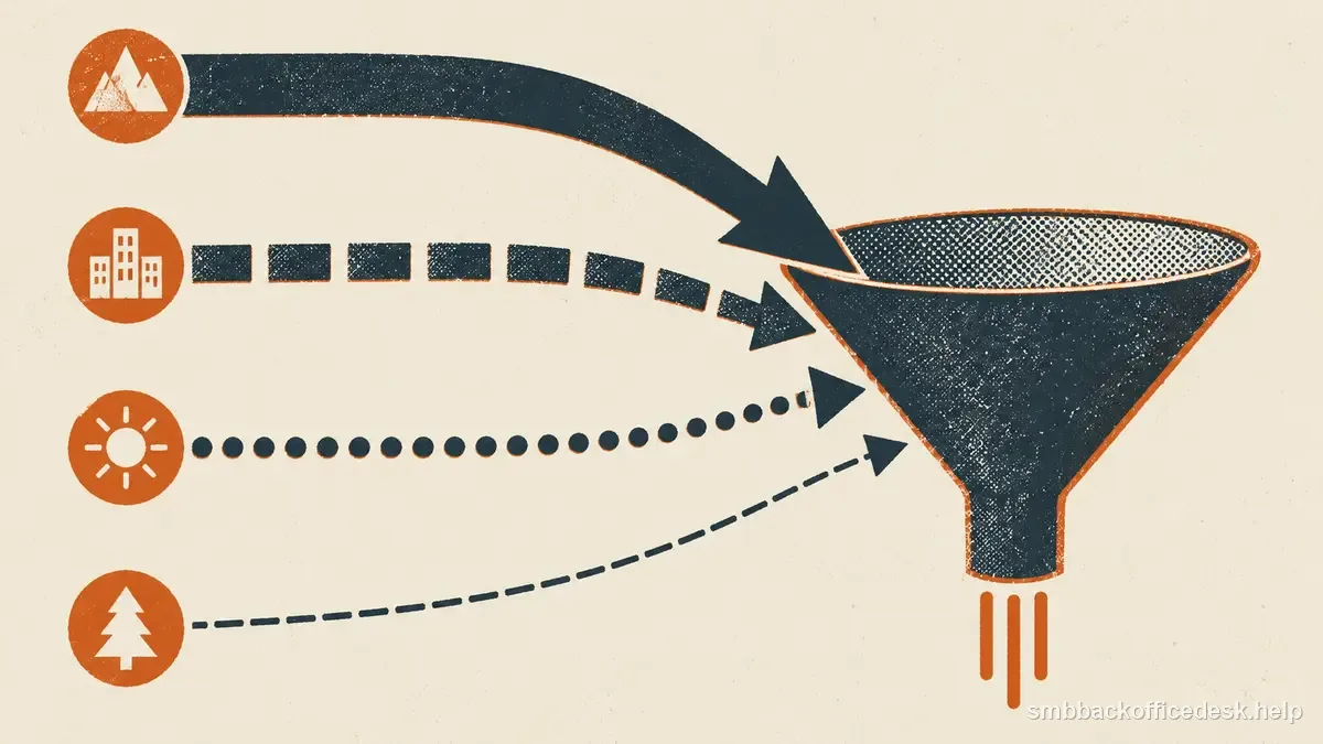 Two-colour risograph illustration for “Track Where Every Lead Came From” — Small Business Back-Office Desk