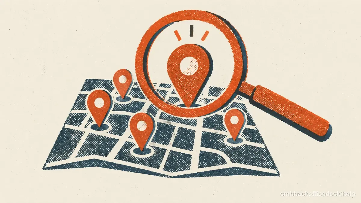 Two-colour risograph illustration for “Local Business Lead Sourcing Without a Giant Database” — Small Business Back-Office Desk