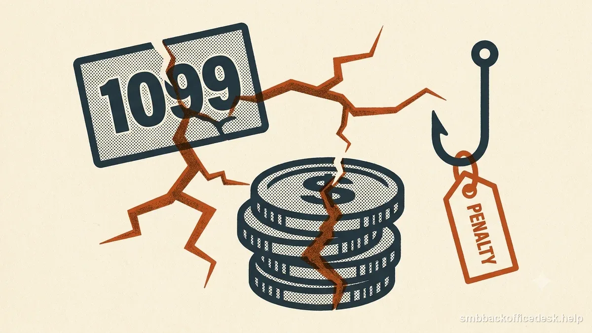 Two-colour risograph illustration for “Federal Tax Risks of Worker Misclassification” — Small Business Back-Office Desk