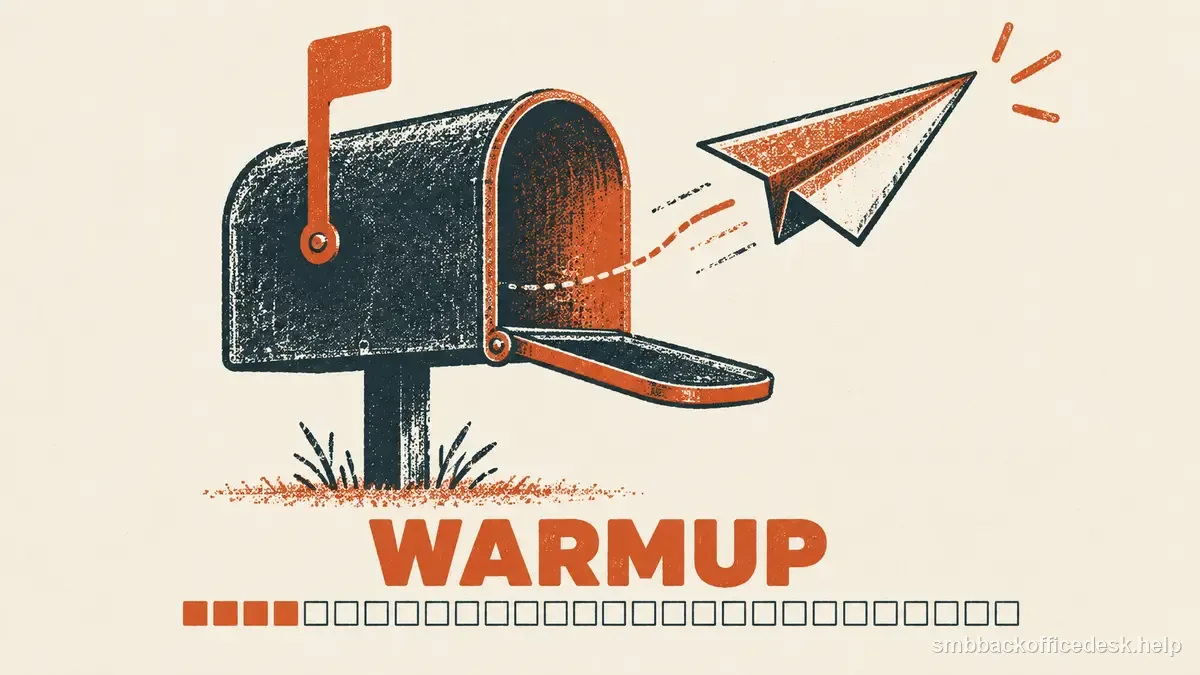 Two-colour risograph illustration for “New Domain Email Warmup: A Practical First 30 Days” — Small Business Back-Office Desk