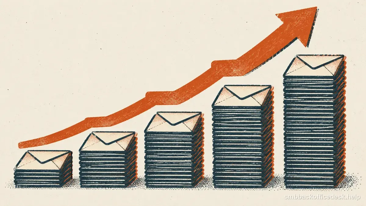 Two-colour risograph illustration for “How to Ramp Outbound Sending Volume” — Small Business Back-Office Desk