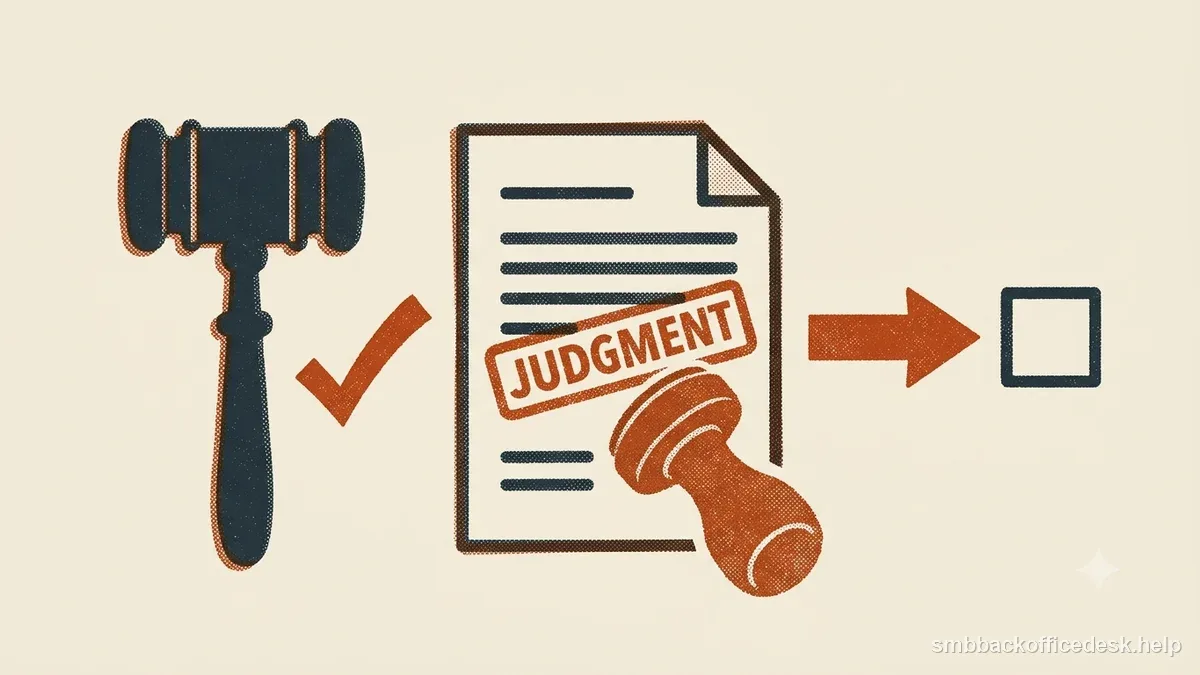 Two-colour risograph illustration for “You Won in Small Claims Court: What Happens Next?” — Small Business Back-Office Desk