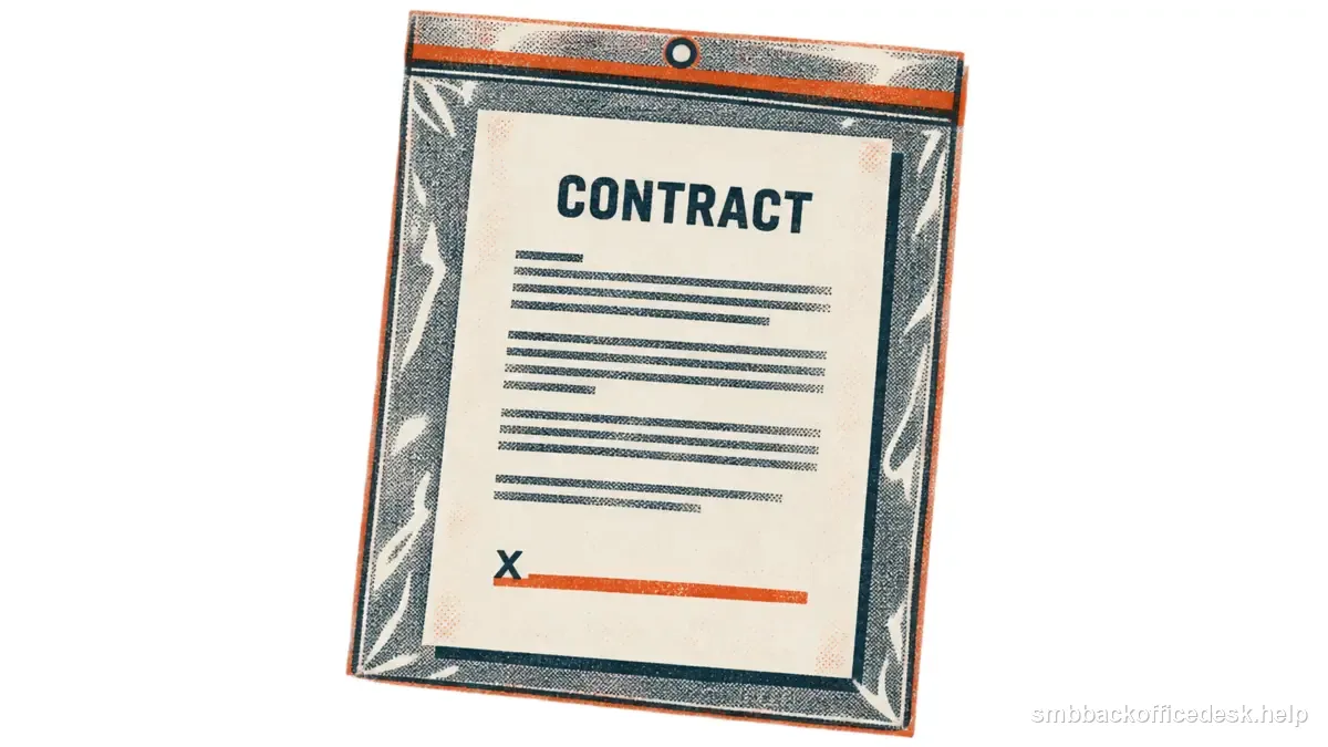 Two-colour risograph illustration for “Contract Evidence for a Small Claims Case” — Small Business Back-Office Desk