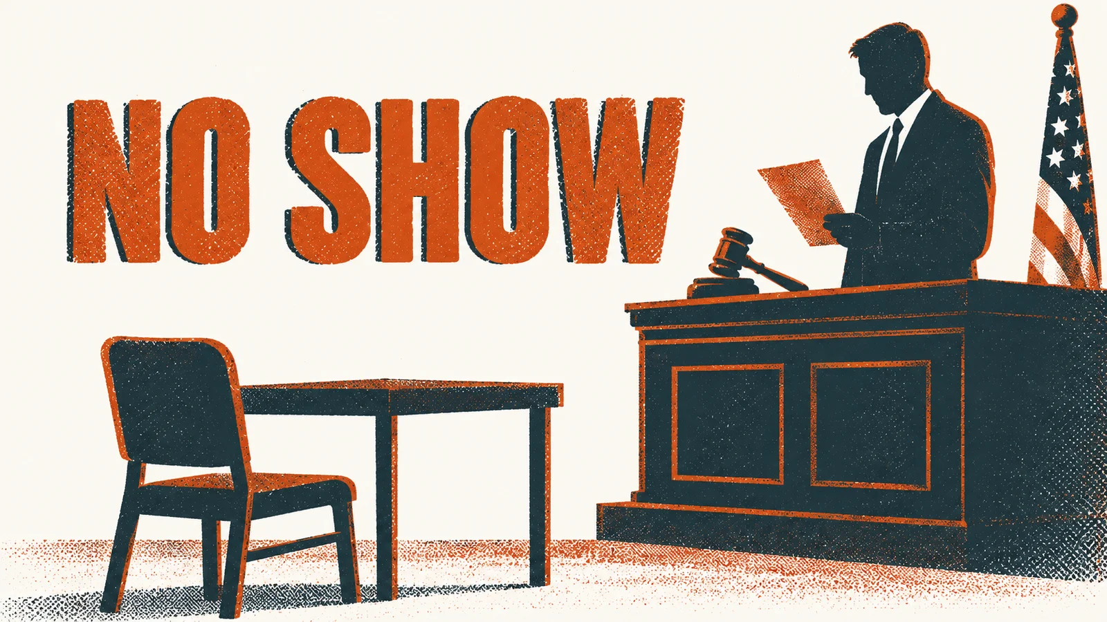 Two-colour risograph illustration for “When the Defendant Doesn’t Show Up: Getting a Default Judgment” — Small Business Back-Office Desk