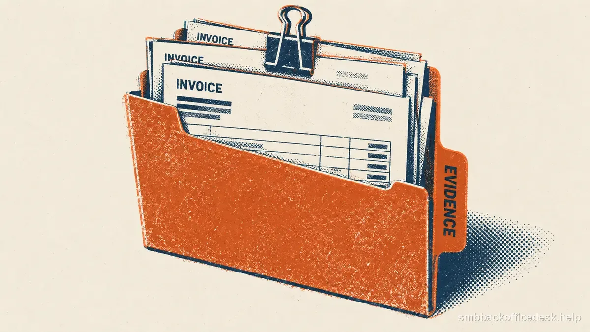 Two-colour risograph illustration for “How to Use Invoices as Small Claims Evidence” — Small Business Back-Office Desk