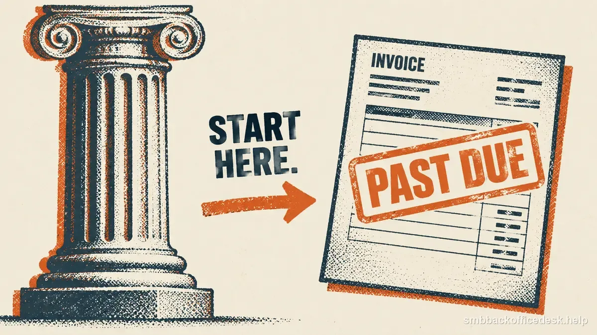 Two-colour risograph illustration for “Small Claims Court for an Unpaid Business Invoice: Start Here” — Small Business Back-Office Desk