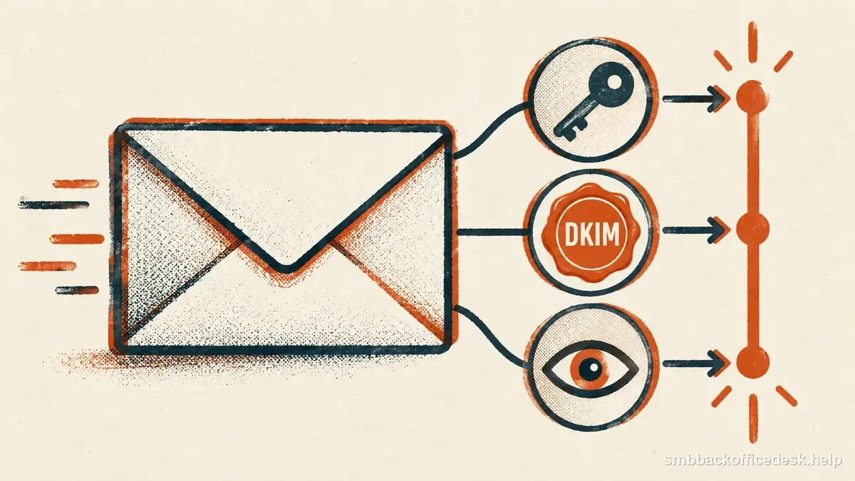 Two-colour risograph illustration for “SPF, DKIM, and DMARC Alignment Explained” — Small Business Back-Office Desk