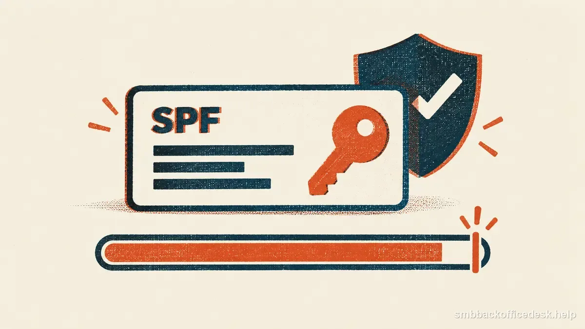 Two-colour risograph illustration for “SPF for Small Business Email: What to Configure and What to Avoid” — Small Business Back-Office Desk