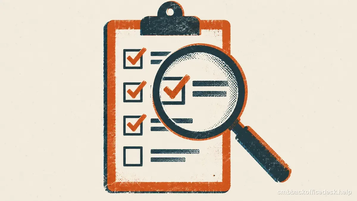 Two-colour risograph illustration for “Lead List Vendor Due Diligence Checklist” — Small Business Back-Office Desk