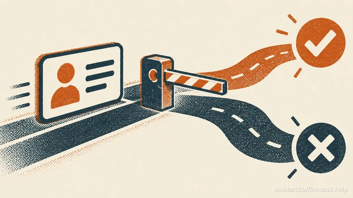 Two-colour risograph illustration for “How to Verify Business Email Addresses Before Outreach” — Small Business Back-Office Desk