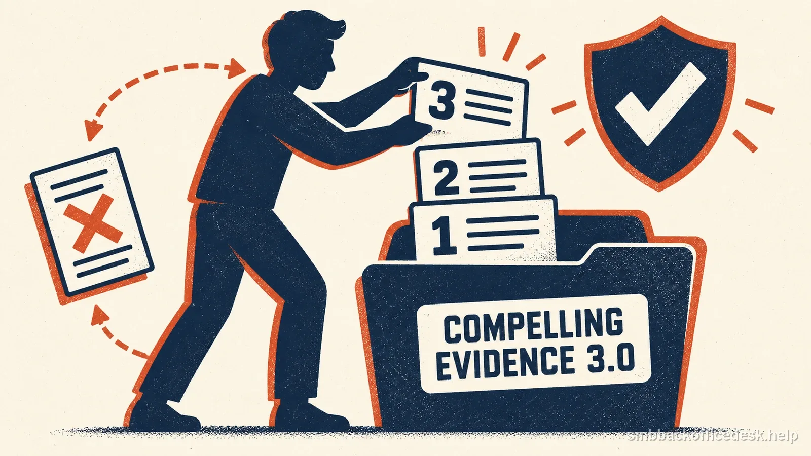 Two-colour risograph illustration of a figure stacking three numbered evidence documents into a folder labeled Compelling Evidence 3.0 — Small Business Back-Office Desk