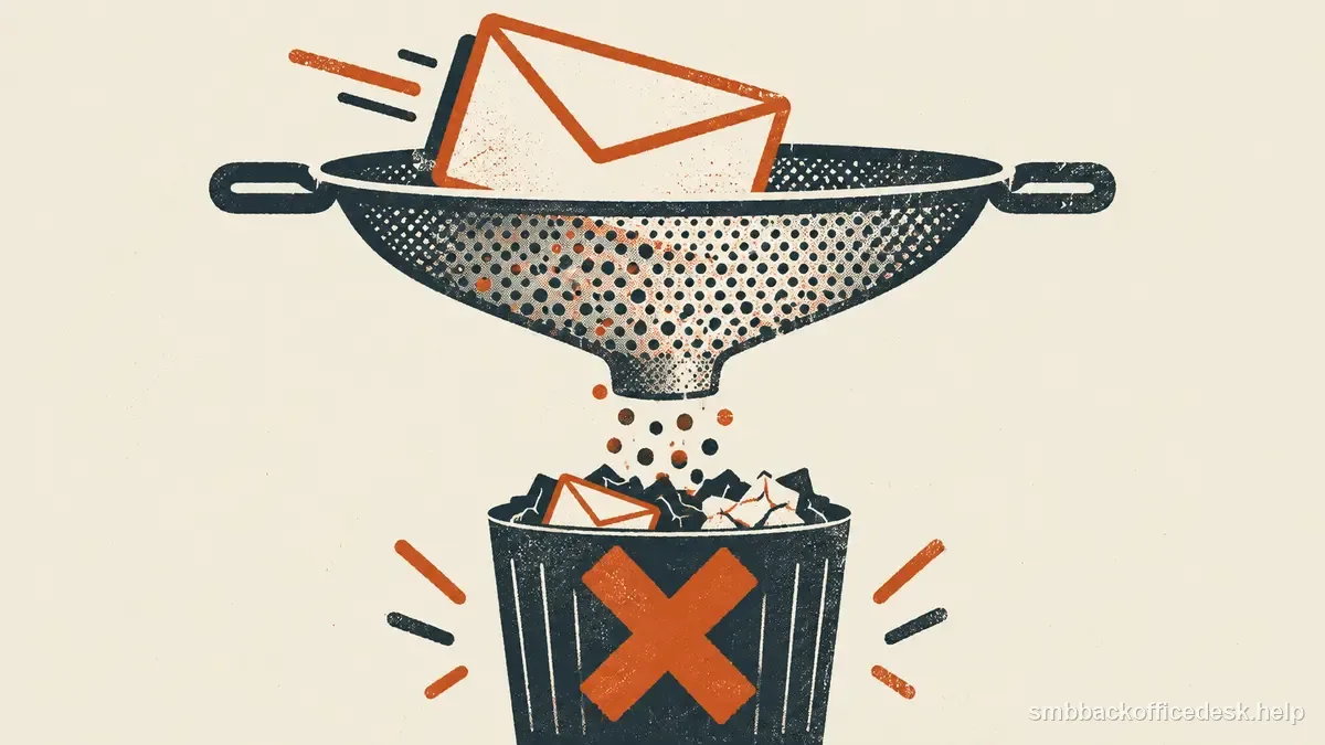 Two-colour risograph illustration for “Why Your Business Email Goes to Spam” — Small Business Back-Office Desk